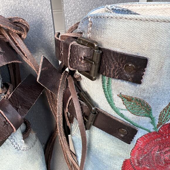 Freebird Boots Womens 8 Blue Cyrus Leather Roses Embroidery Knee High Laces Boho - Picture 3 of 16